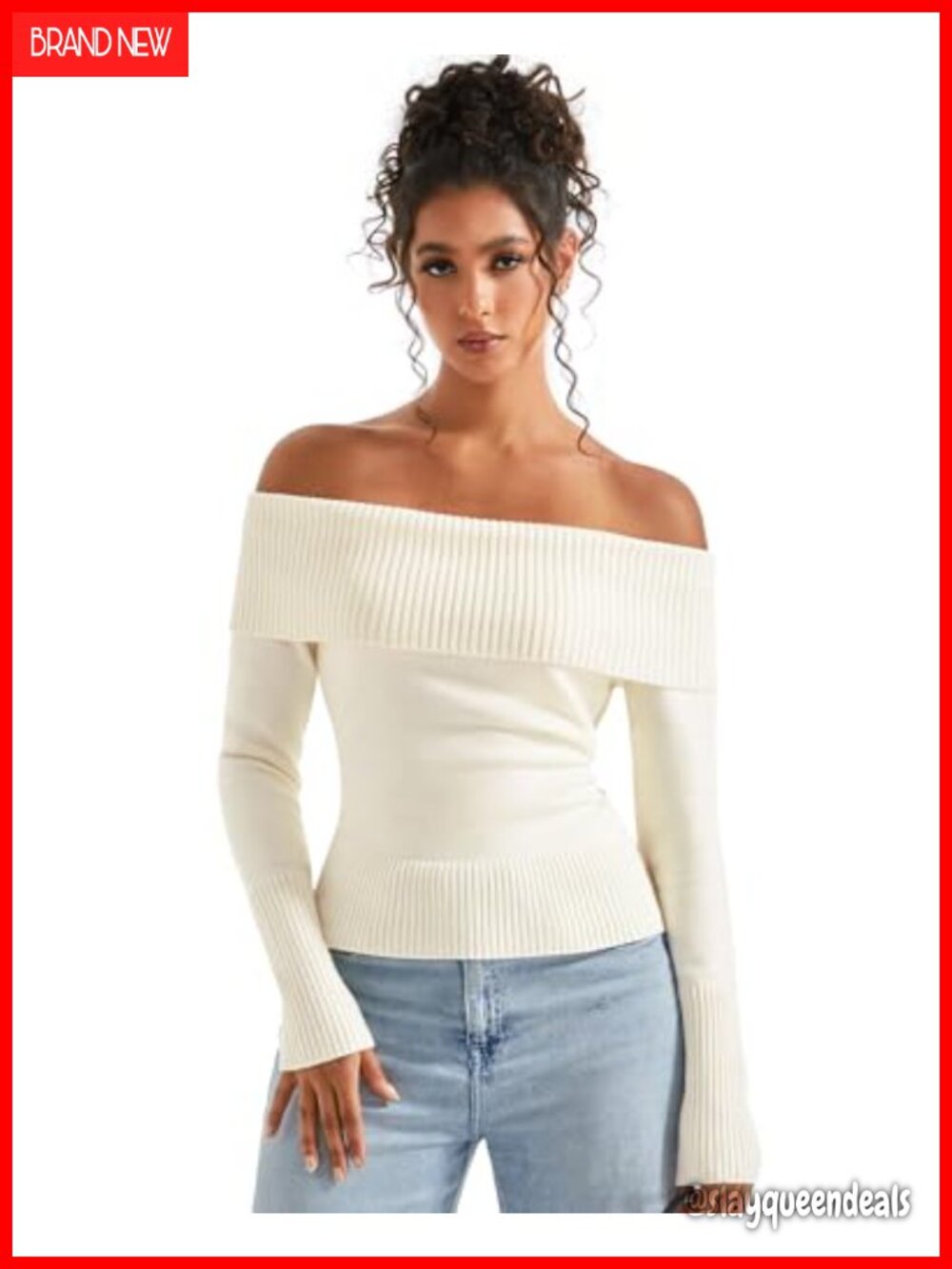 Off Shoulder Ribbed Knit Sweater Long Sleeve Pullover Fitted Casual Top